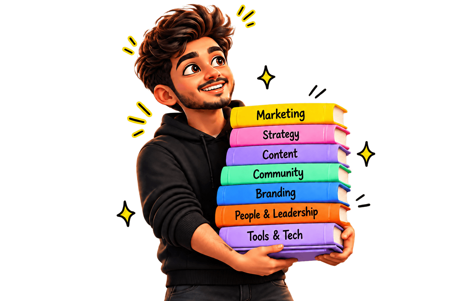 Romil’s cartoon character in a black hoodie holding seven colorful books about marketing, strategy, content, community, branding, leadership, and tools